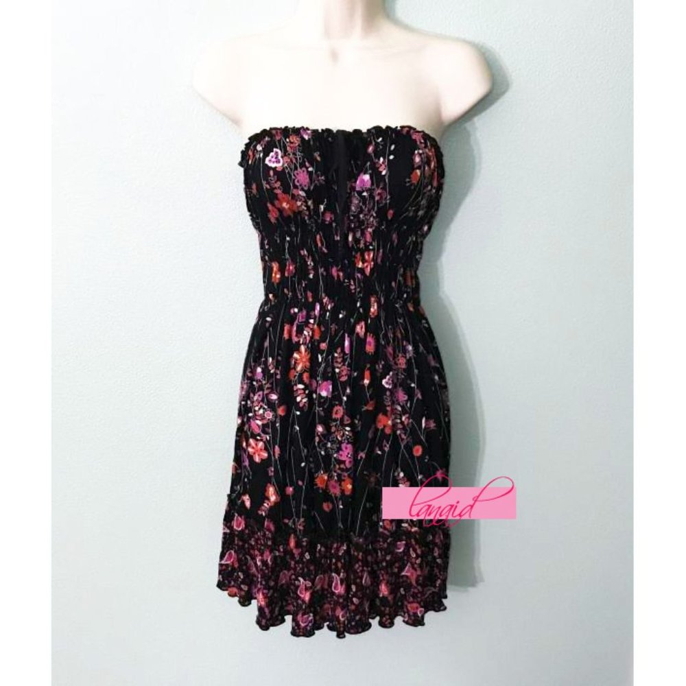Mango Strapless Black Pink Floral Paisley Tie Ruched Smocked Tube Mini Dress XS